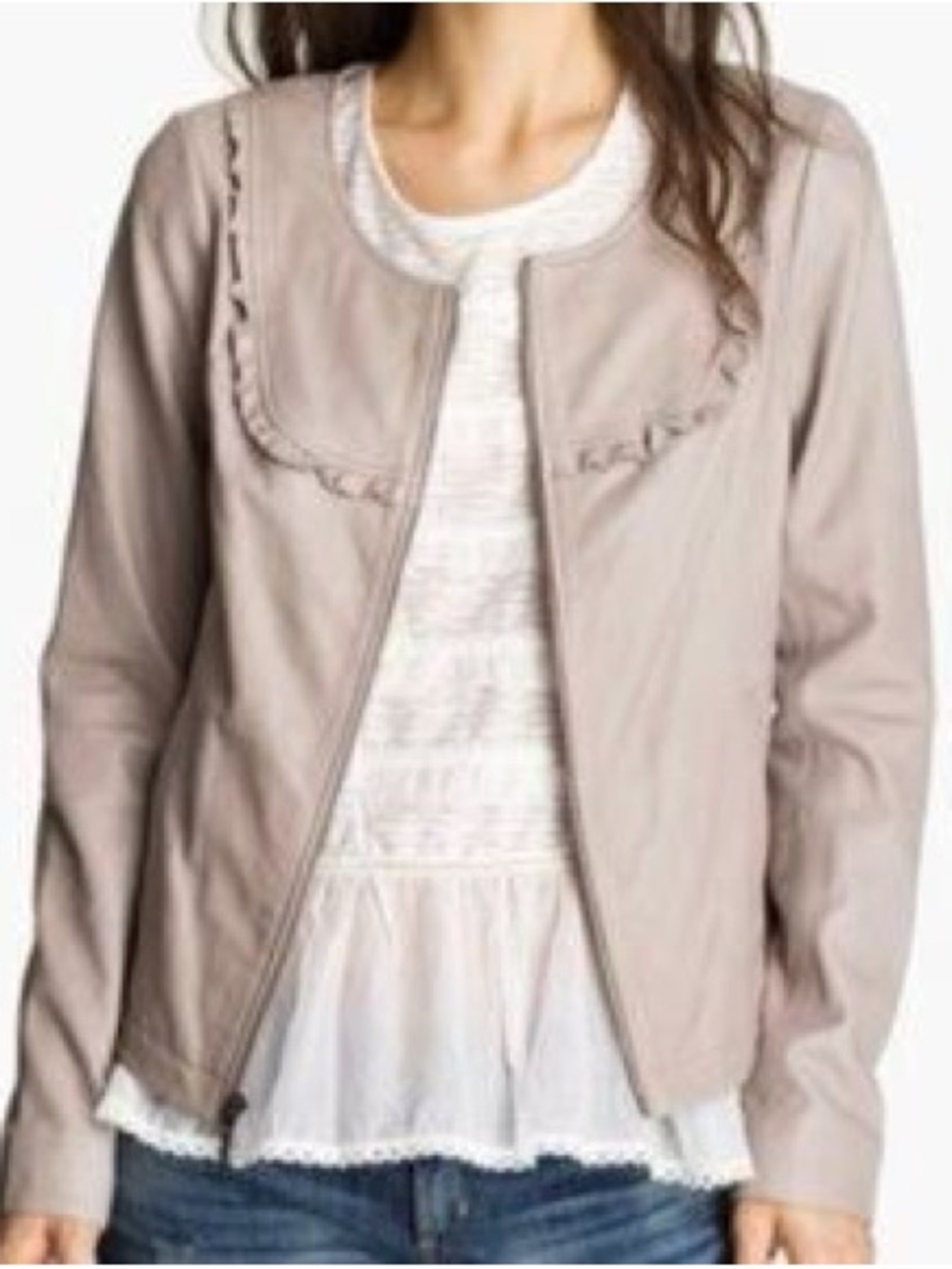 Hinge Moto Ruffles 100% Leather Collarless Jacket Sz10